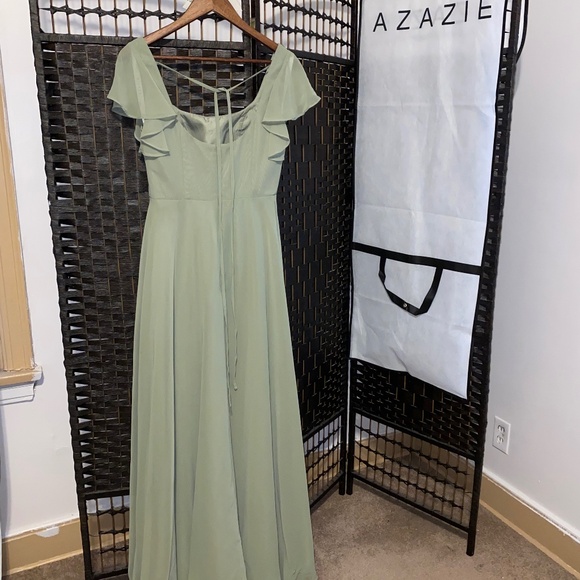 AZAZIE “Bondi” Pistachio A-Line Ruffled Chiffon Floor-Length Bridesmaid Dress - Picture 4 of 8